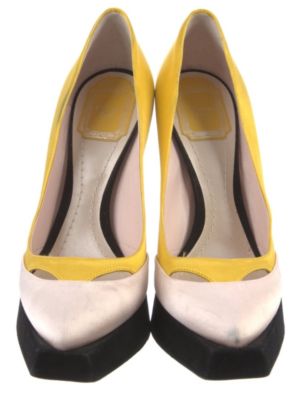Dior Tricolor Satin Platform Pumps in Yellow, White, & Black - Picture 4 of 6